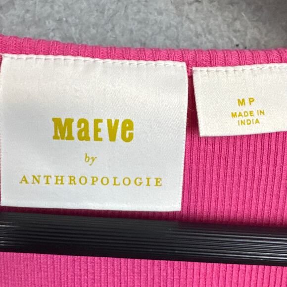 Anthropolgie Maeve Bright Pink Ribbed Top Sheer Ruffled Sleeves Size MP Barbie - Picture 6 of 8